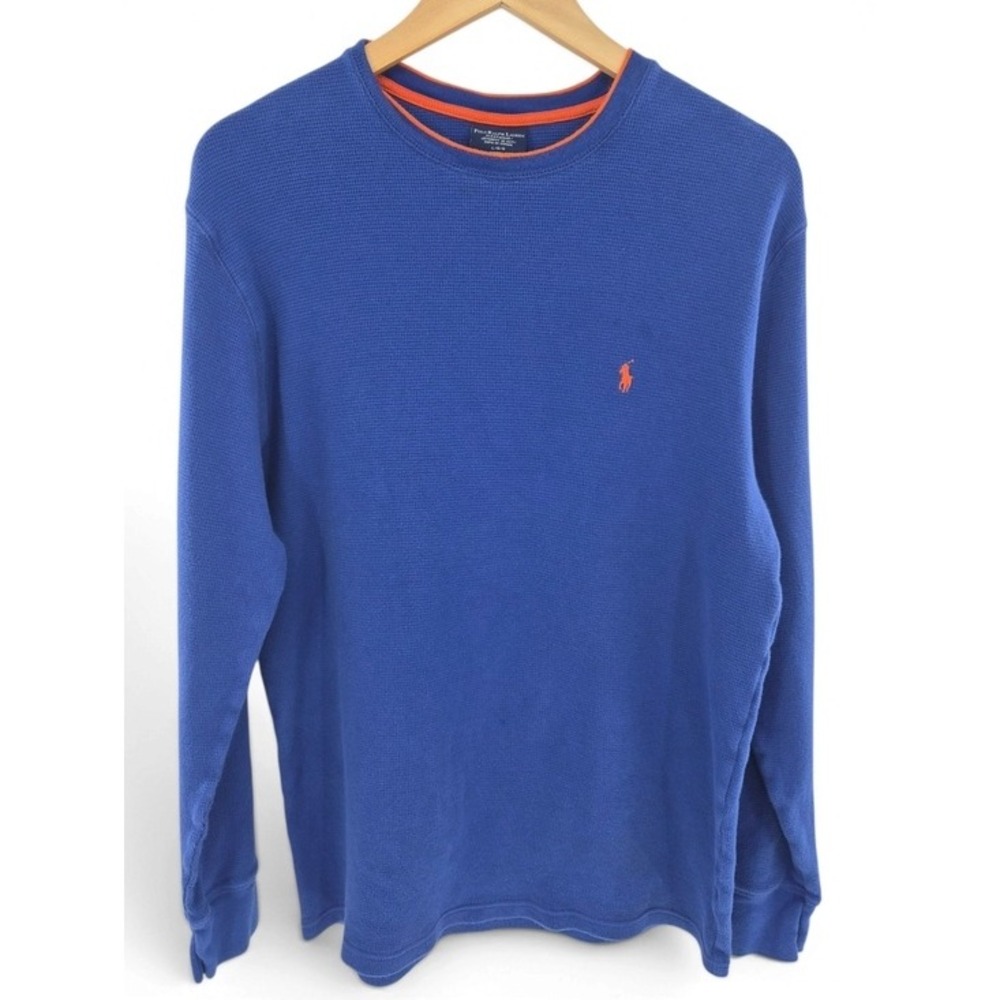 Polo Ralph Lauren Thermal Shirt Men Large Blue Waffle Knit Long Sleeve Sleepwear